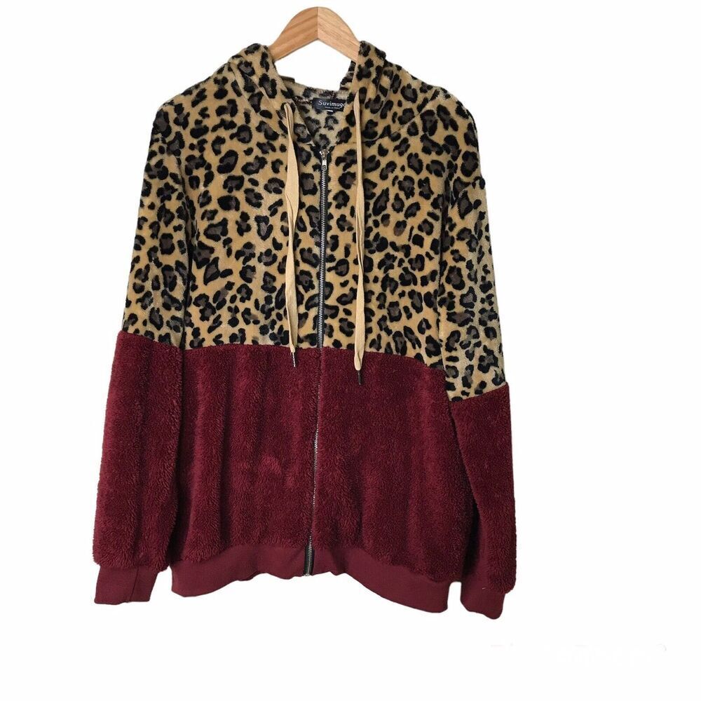 Suvimuga Womens Size 2XL Hooded  Zip‎ Up Jacket Burgundy & Cheetah Pockets Soft